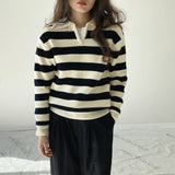 Women Winter Knitted Sweater Autumn and Winter Striped Sweater Lapel Sweater Casual Polo Collar 8t6723