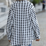 Women Trench Coat Autumn Leisure Long Sleeve Loose Houndstooth Mid-Length Flannel Blazer Collar Coat