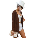 Women Knitted Sweater Mid-Length Long Sleeve Cable-Knit Sweater Cardigan
