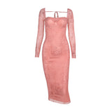 Women Dresses Vintage Lace Mesh Long Sleeve Dress