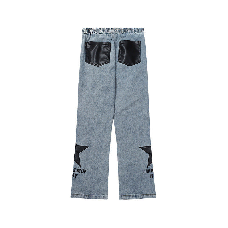 Men Jeans Five-Pointed Star PU Leather Patchwork Straight Jeans Men