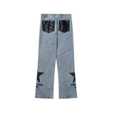 Men Jeans Five-Pointed Star PU Leather Patchwork Straight Jeans Men