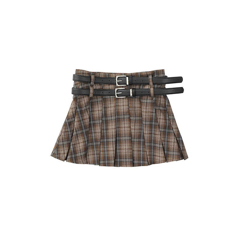 Women Skirt Plaid Pleated Skirt Girls Summer Double Belt Short Skirt Casual A- line Skirt