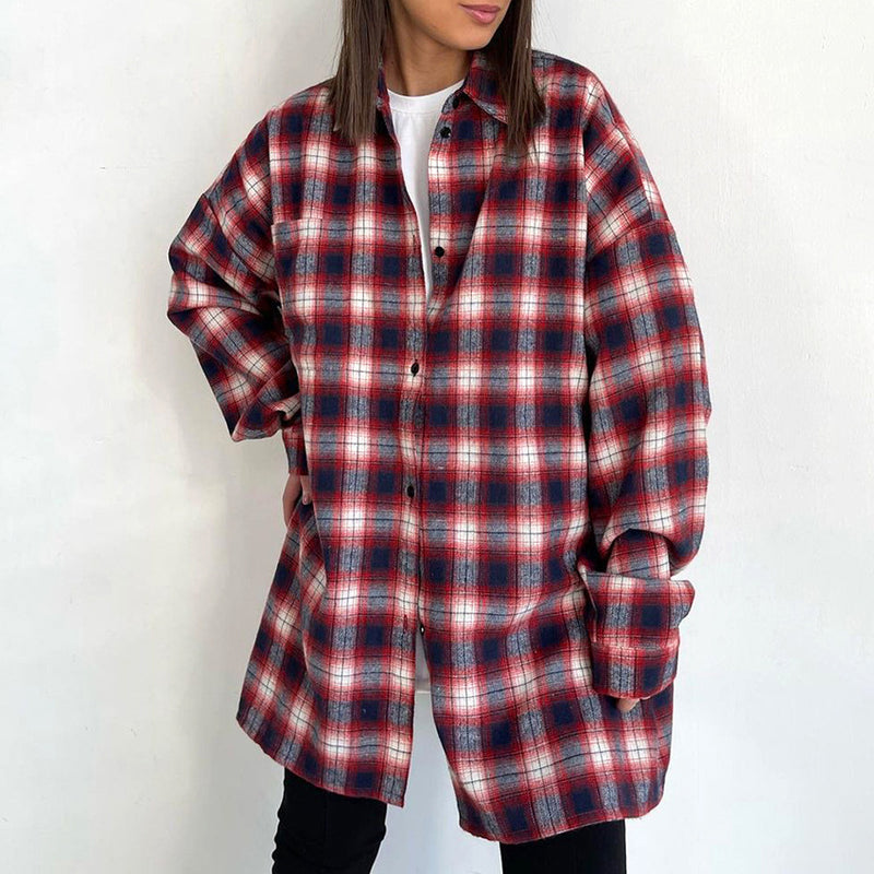 Women Trench Coat Winter Loose Plaid Long Sleeve Shirt Casual Coat