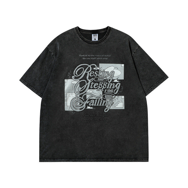 Men T Shirt Hip Hop Retro Vintage Printed Wash Short Sleeve T-shirt