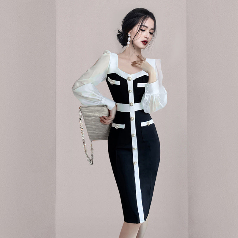 Women Maxi Dress Autumn and Winter Single Breasted Hip Knitwear Dress