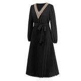 Women Date Dress Autumn and Winter V-neck Lace Pleated Lace-up Long Dress