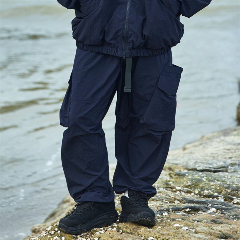 Men Sweatpants Multi-Pocket Cargo Pants Loose Solid Color Trousers Drawstring Leisure Trousers