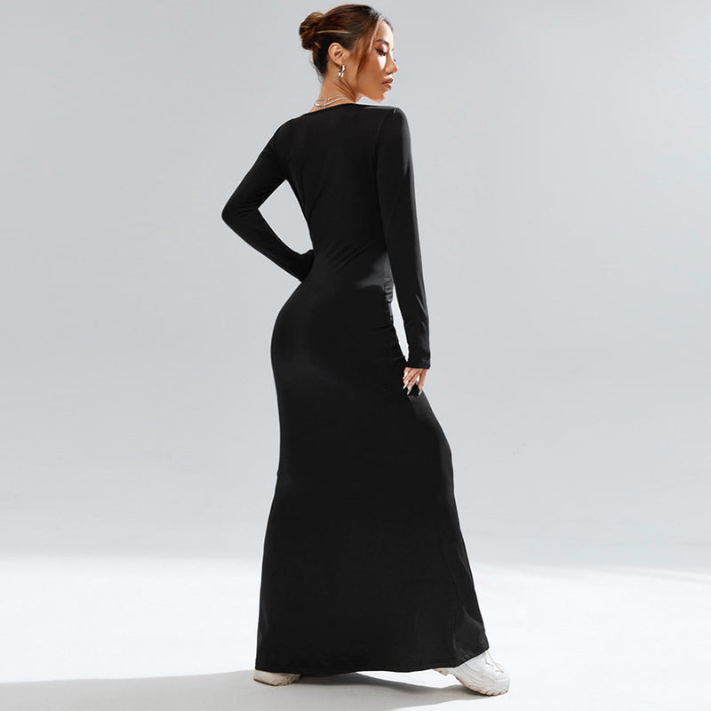Women Dress Black Knitted Long Sleeve Narrow Long Dress with Square Collar