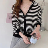 Women Knitwear Autumn and Winter Striped Hooded Sweater Women's Loose Casual Knitted Cardigan