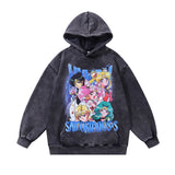 Men Hoodie Butterfly Graffiti Printing Fleece-Lined Washed Loose Couple Hooded Sweater Men