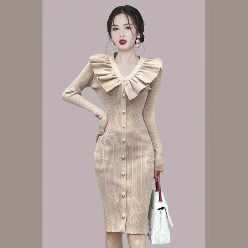 Women Maxi Dress Autumn and Winter V-neck Flounced Single-Breasted Slim Knit Dress
