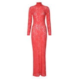 Women Dresse Long Sleeve round Neck Sexy Hollow-out Lace Skirt