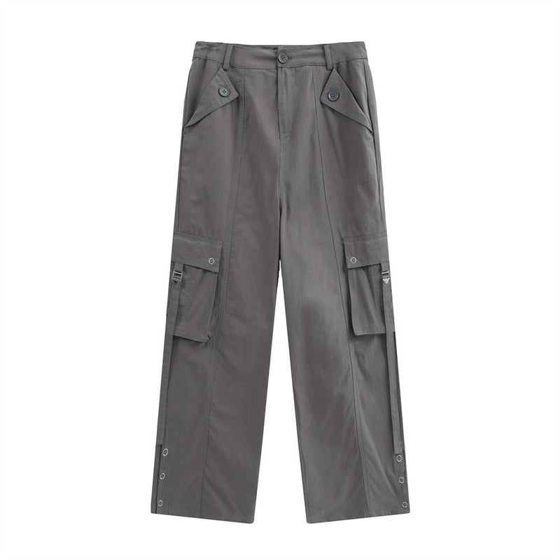 Men Sweatpants Multi-Pocket Workwear Casual Pants Button Split Solid Color Straight-Leg Trousers