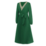 Women Date Dress Autumn and Winter V-neck Lace Pleated Lace-up Long Dress