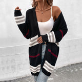 Women Knitted Sweater Autumn and Winter Long Sleeve Color Matching Long Sweater Cardigan Coat