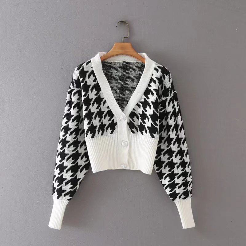 Women Sweater Knitwear Autumn Retro Houndstooth Brocade Sweater Coat V-neck Waist Trimming Short Knitted Cardigan