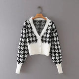 Women Sweater Knitwear Autumn Retro Houndstooth Brocade Sweater Coat V-neck Waist Trimming Short Knitted Cardigan