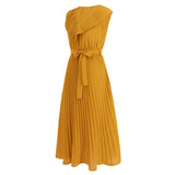 Women Date Dress Chiffon Pleated Dress Slim Fit Elegant Solid Color V-neck Dress