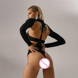 Women Jumpsuit Spring Sexy Backless Crew Neck Long Sleeved Fitted T-shirt