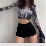 Women T-shirt Summer round Neck Pullover Horn Long Sleeves Cropped Casual