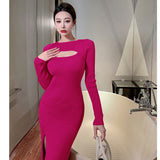 Women Maxi Dress Autumn and Winter Hollow Long Knitted Dress