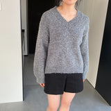 Women Winter Knitted Sweater V-neck Thick Sweater Autumn and Winter Loose-Fitting Long Sleeve Sweater H0001