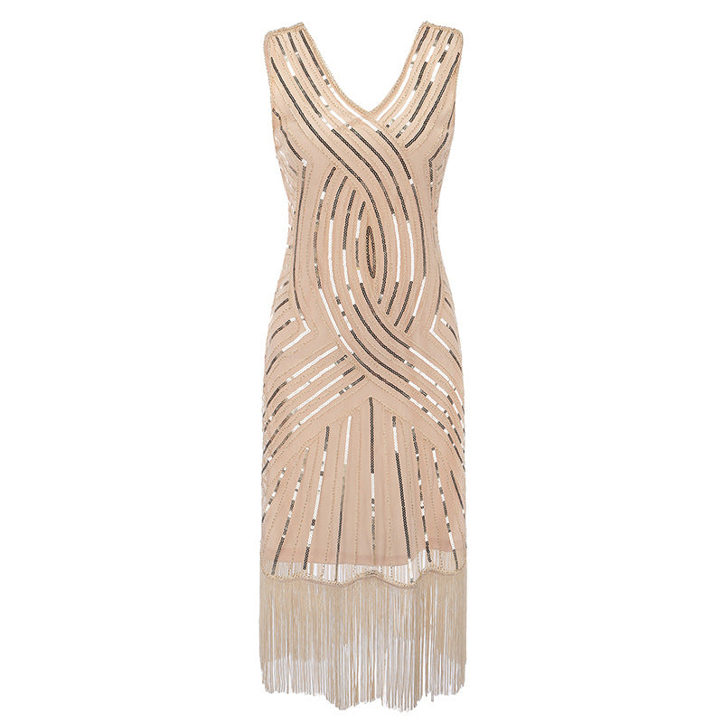 Flappers 1920S Dress Vintage Sequins Dress Deep V-neck Tassel Wedding Dress