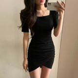 Women Dresses Pink Square Collar Pleated Short Sleeves Dress