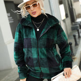 Women Trench Coat Women's Autumn and Winter Clothing Long Sleeve Stand Collar Plaid Printed Long Zipper Double-Sided Plush Coat