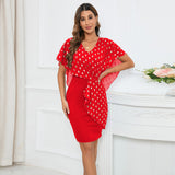 Women Date Dress Summer Polka Dot Printed Chiffon Dress V-neck Hip Skirt