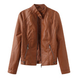 Red Leather Jacket Casual Leather Jacket Spring and Autumn Women's Leather Jacket Long Sleeve Zipped Stand Collar Coat