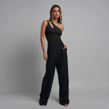 Women Jumpsuit Summer Sexy Slim-Fit Ribbed One-Shoulder Hollow-out Jumpsuit