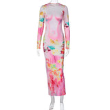 Women Dresses Summer Slim Fit round Neck Long Sleeves Dress