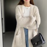 Women Cardigan Sweater Autumn and Winter Loose Pocket Texture Interwoven Long Cardigan Jacket Kc81