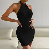 Women Dress Summer New Sexy Backless Stand Collar Sleeveless Sheath Dress