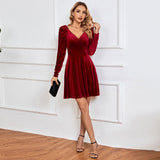 Women Dress Autumn and Winter V-neck Sexy Velvet Dress Banquet Dress