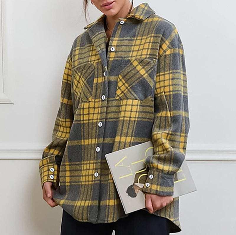 Women Trench Coat Winter Plaid Long Sleeve Shirt Loose Casual