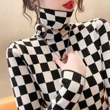 Women Knitted Pullover Autumn Winter Sweater Houndstooth Slim-Fit Turtleneck Top