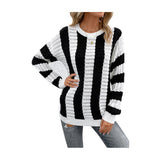Women Knitted Sweater Spring Loose Sweater Striped Hollow out Long Sleeve Sweater Jacket
