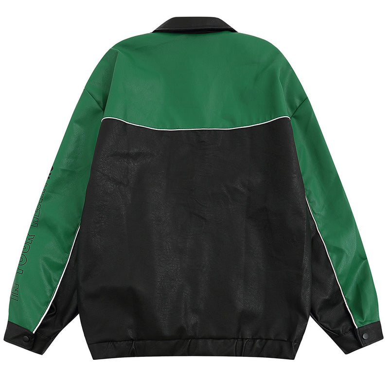 Men Jacket Coat Stitching Turn-down Collar Coat Men's Loose Letter Printed Motorcycle Jacket