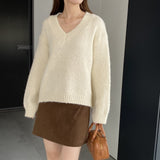 Women Winter Knitted Sweater V-neck Thick Sweater Autumn and Winter Loose-Fitting Long Sleeve Sweater H0001