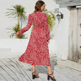 Women Date Dress Leopard Print Stud for Autumn and Winter Stand Collar Long Sleeve Dress Pleated Dress
