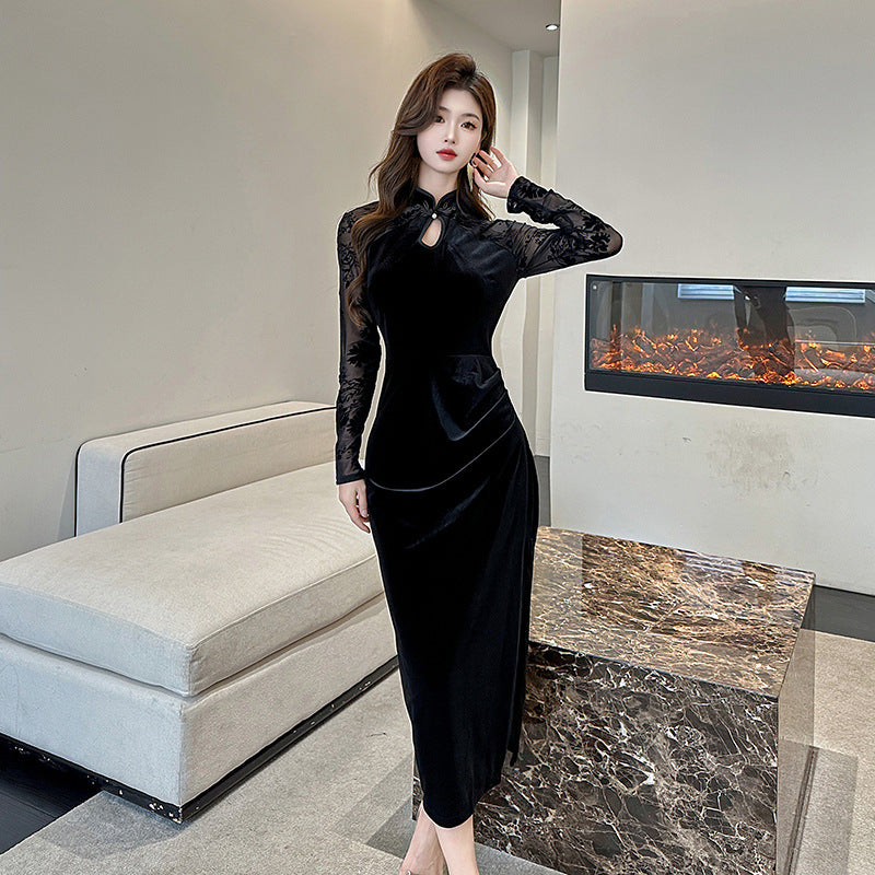 Women Maxi Dress Spring and Autumn Velvet Cheongsam Sexy Retro Dress Dress
