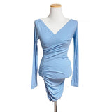 Women Dresses Blue V-neck Dress Long Sleeve Hip Skirt Skirt