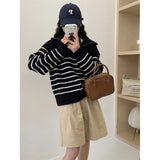 Women Knitwear Autumn and Winter Striped Half Zipper and Lapel Knitwear Loose Sweater