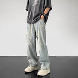 Men Jeans Summer Water Washed Hole Loose Straight Casual Trousers