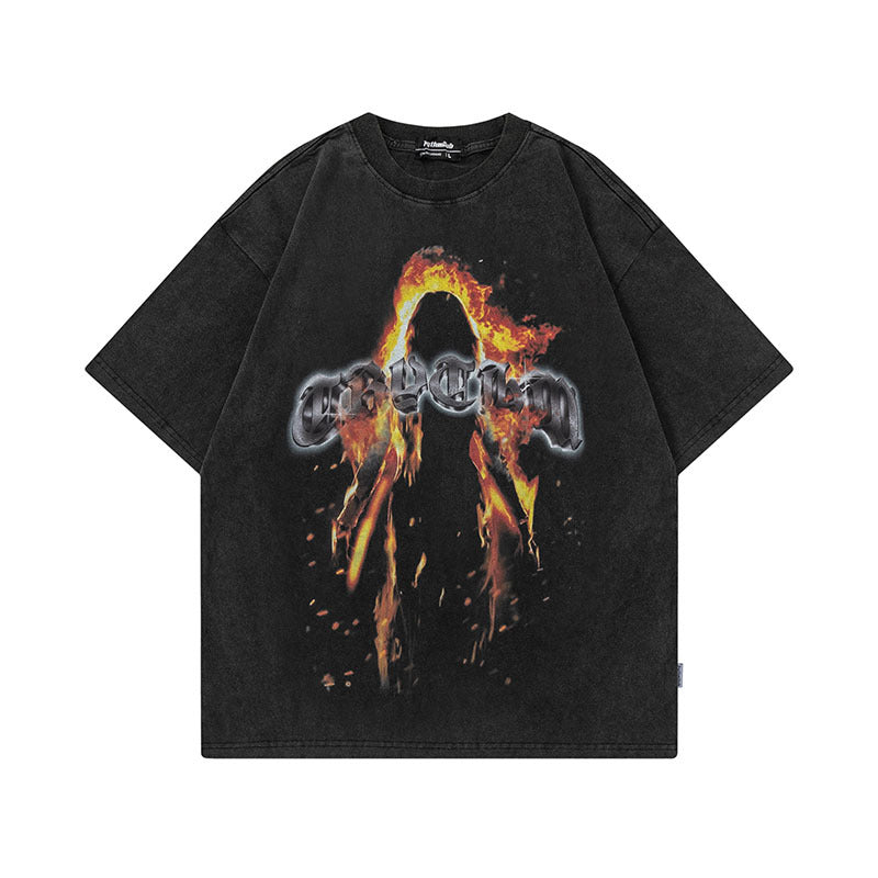 Men T Shirt Flame Print Couple Short Sleeve T-shirt