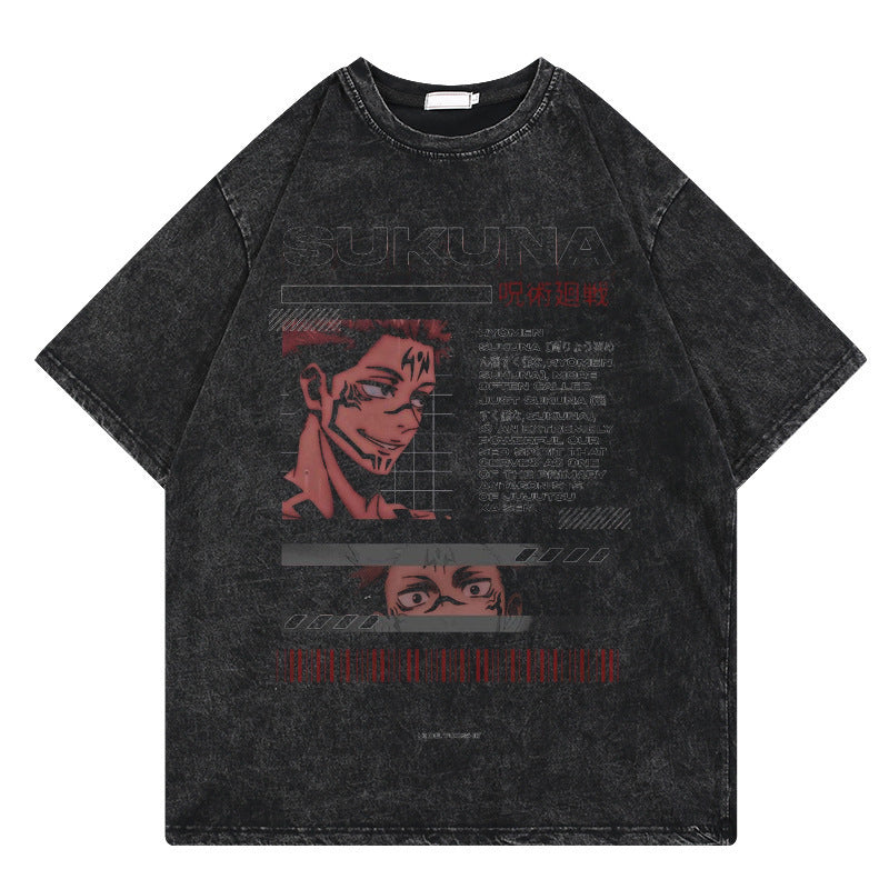 Washed retro T-shirt, printed graphic casual cotton short sleeves