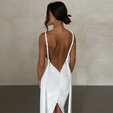 Women Dresses Summer Sexy Deep V-neck Backless Fold Split Dress